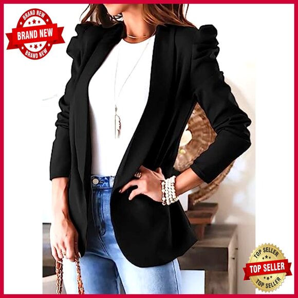 Puff Sleeve Blazer with Pockets, Open Front, Work Office Casual - Picture 2 of 7